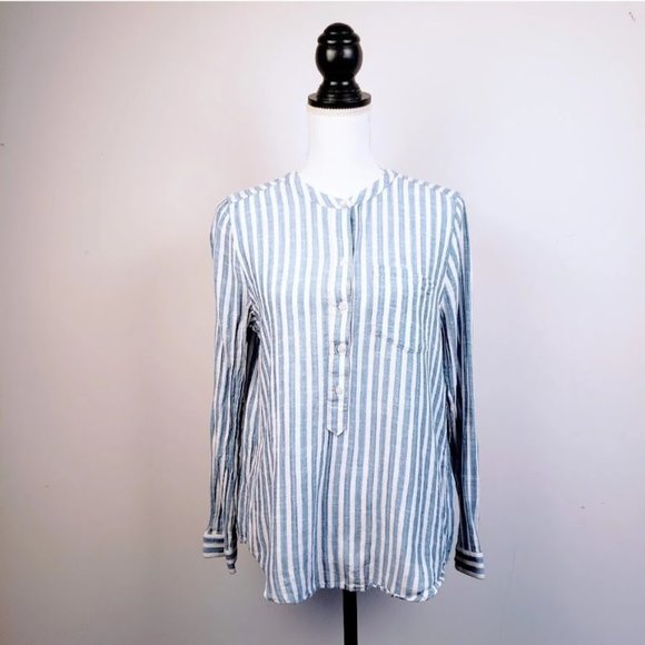 LUCKY BRAND Button Down Top, Blue White Linen Striped Long Sleeve Casual Boho, S - Picture 3 of 12